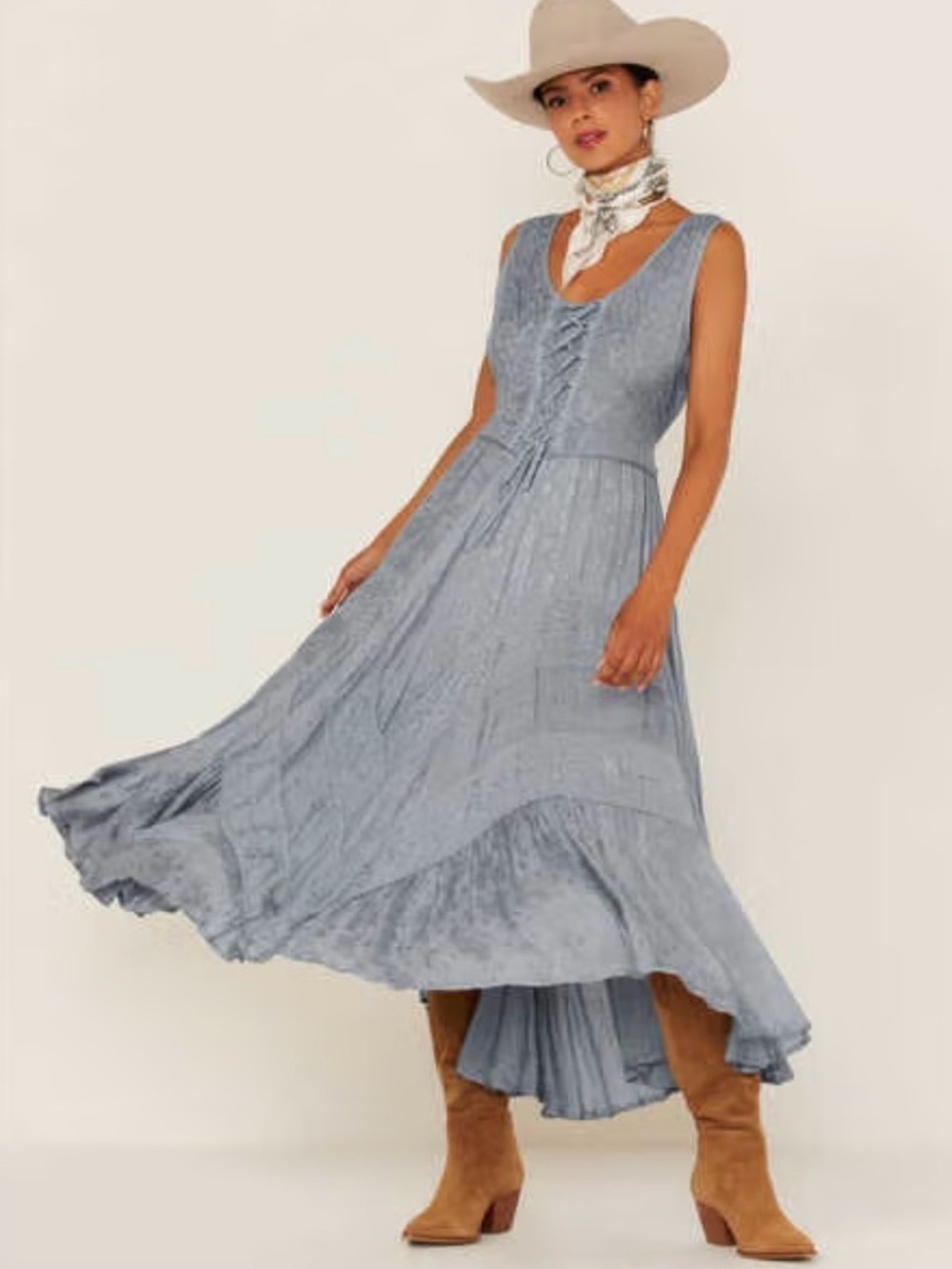 Scully Lace-Up Jacquard Midi Dress – Dusty Blue Size L